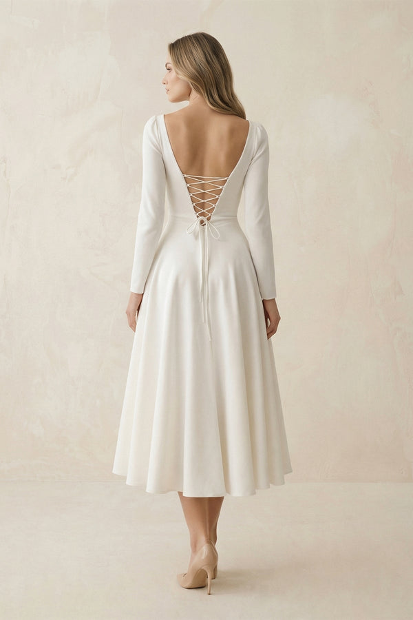 A - Line Satin V - Neck Long Sleeve Wedding Dress in White - KISS BRIDAL Wedding Dresses