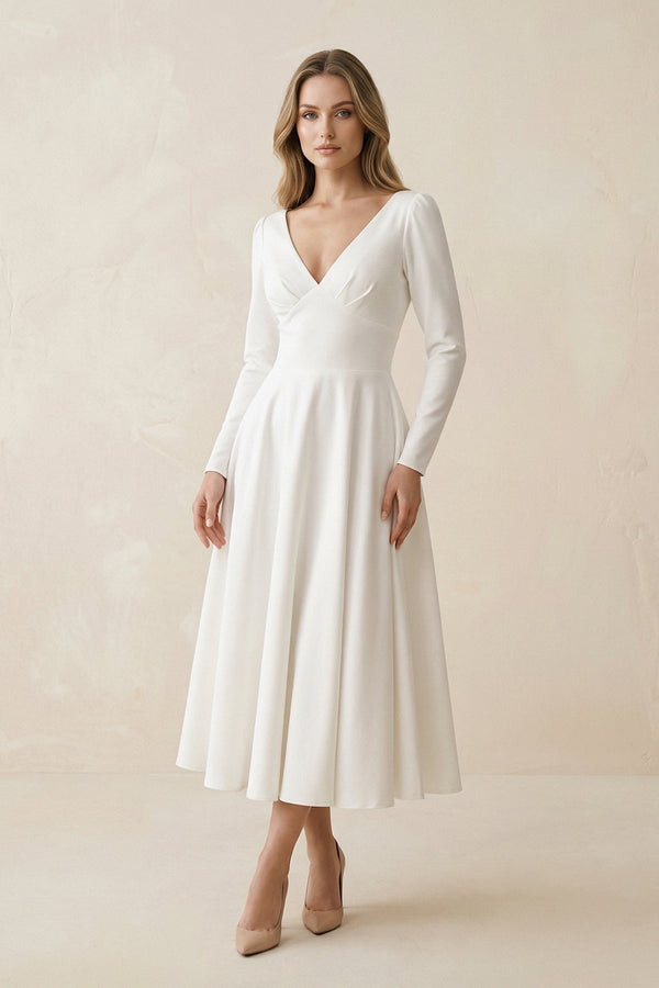 A - Line Satin V - Neck Long Sleeve Wedding Dress in White - KISS BRIDAL Wedding Dresses