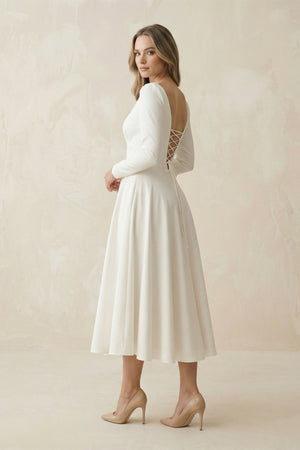 A - Line Satin V - Neck Long Sleeve Wedding Dress in White - KISS BRIDAL Wedding Dresses