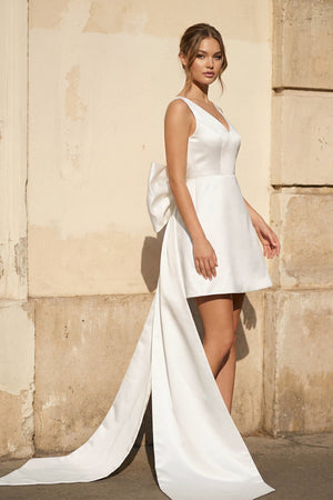 A Line Satin V Neck Wedding Dress With Bow in White - KISS BRIDAL Wedding Dresses