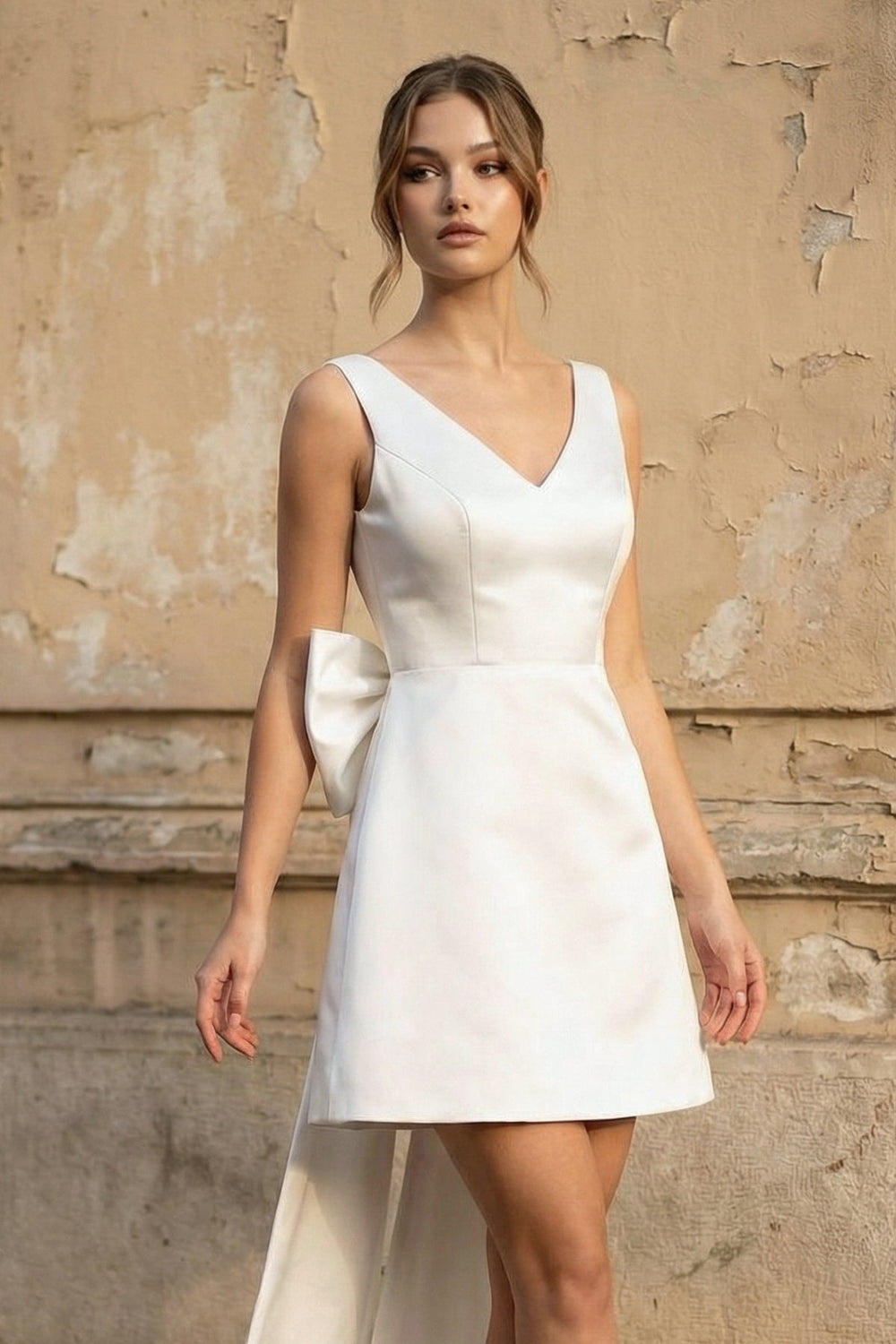 A Line Satin V Neck Wedding Dress With Bow in White