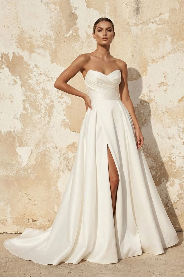 A Line Satin Wedding Dress With Slit in White - KISS BRIDAL Wedding Dresses