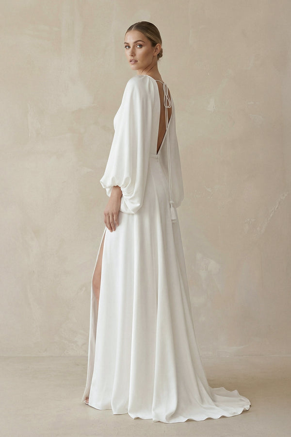 A - Line Satin Wedding Dress with Slit in White - KISS BRIDAL Wedding Dresses