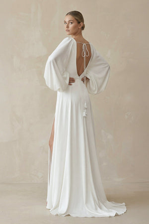 A - Line Satin Wedding Dress with Slit in White - KISS BRIDAL Wedding Dresses