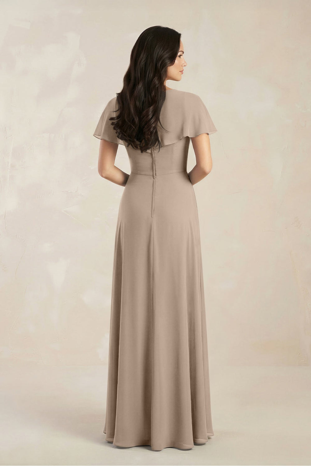 A-Line Short Sleeve Chiffon V-Neck Bridesmaid Dress in Almond