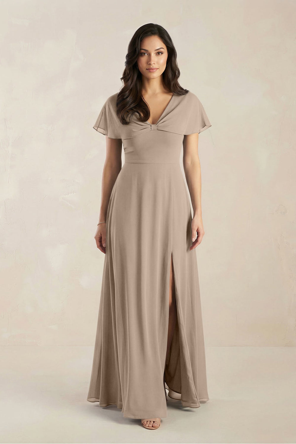 A-Line Short Sleeve Chiffon V-Neck Bridesmaid Dress in Almond