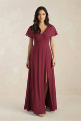 A-Line Short Sleeve Chiffon V-Neck Bridesmaid Dress in Berry | KISSBRIDAL