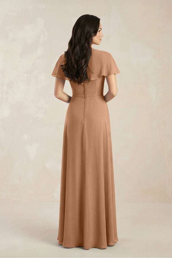 A - Line Short Sleeve Chiffon V - Neck Bridesmaid Dress in Bronzer - KISS BRIDAL Bridesmaid Dresses