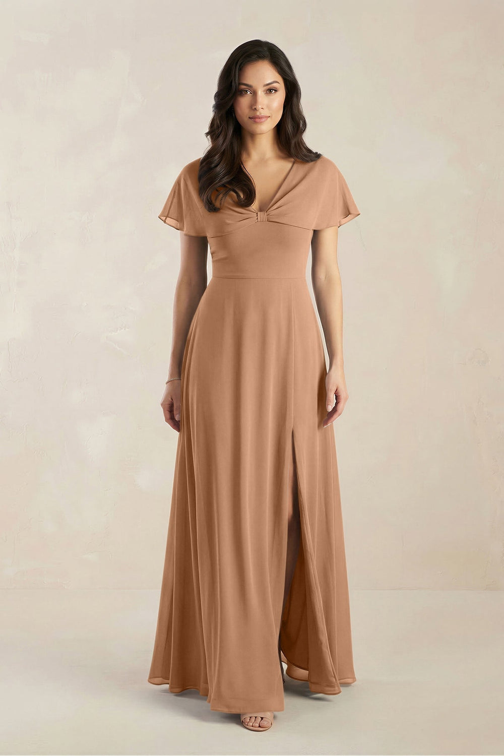 A-Line Short Sleeve Chiffon V-Neck Bridesmaid Dress in Bronzer