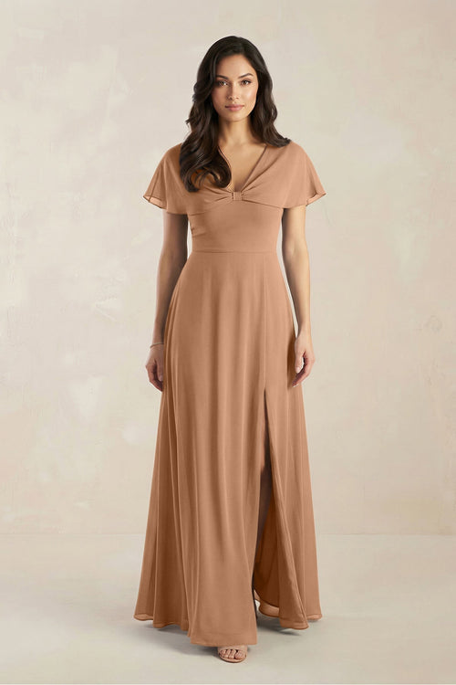 A - Line Short Sleeve Chiffon V - Neck Bridesmaid Dress in Bronzer - KISS BRIDAL Bridesmaid Dresses