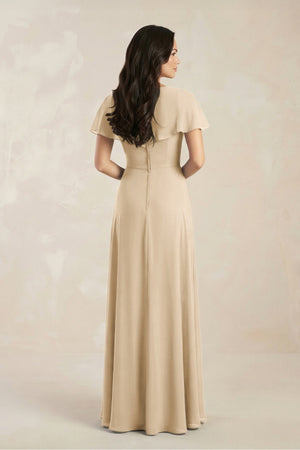 A-Line Short Sleeve Chiffon V-Neck Bridesmaid Dress in Champagne (2) | KISSBRIDAL