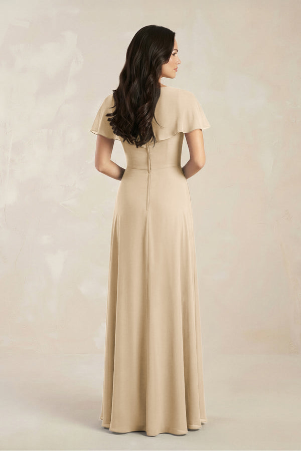 A-Line Short Sleeve Chiffon V-Neck Bridesmaid Dress in Champagne (2) | KISSBRIDAL