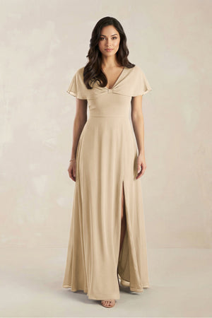 A-Line Short Sleeve Chiffon V-Neck Bridesmaid Dress in Champagne | KISSBRIDAL