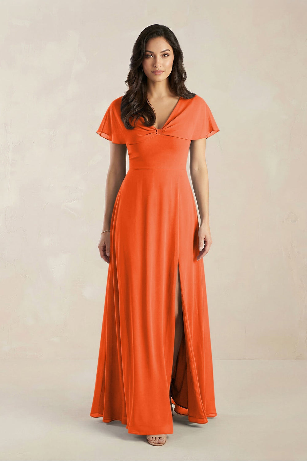 A-Line Short Sleeve Chiffon V-Neck Bridesmaid Dress in Cinnamon