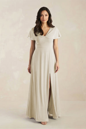 A - Line Short Sleeve Chiffon V - Neck Bridesmaid Dress in Dove Gray - KISS BRIDAL Bridesmaid Dresses