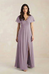 A-Line Short Sleeve Chiffon V-Neck Bridesmaid Dress in Dusk | KISSBRIDAL