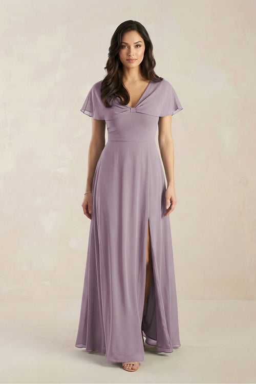 A-Line Short Sleeve Chiffon V-Neck Bridesmaid Dress in Dusk | KISSBRIDAL