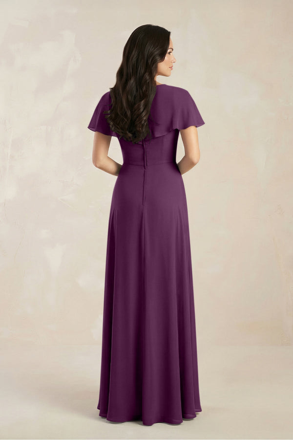 A-Line Short Sleeve Chiffon V-Neck Bridesmaid Dress in Fig (2) | KISSBRIDAL