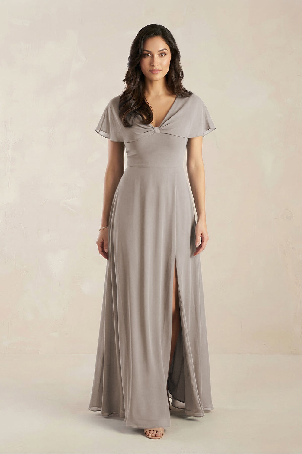 A-Line Short Sleeve Chiffon V-Neck Bridesmaid Dress in Frost