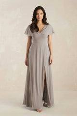 A-Line Short Sleeve Chiffon V-Neck Bridesmaid Dress in Frost | KISSBRIDAL