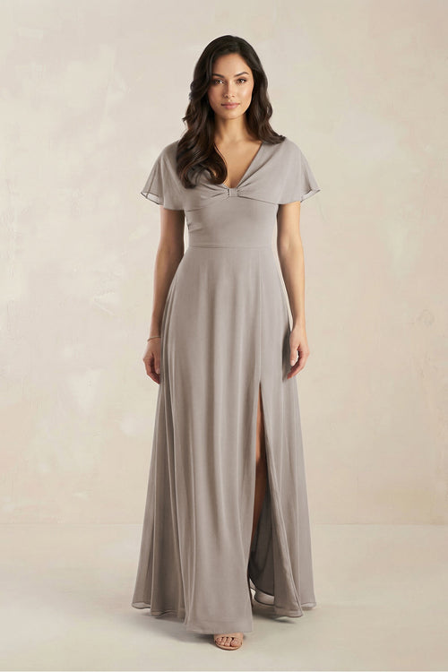 A-Line Short Sleeve Chiffon V-Neck Bridesmaid Dress in Frost | KISSBRIDAL