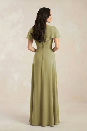 A-Line Short Sleeve Chiffon V-Neck Bridesmaid Dress in Moss Green (2) | KISSBRIDAL