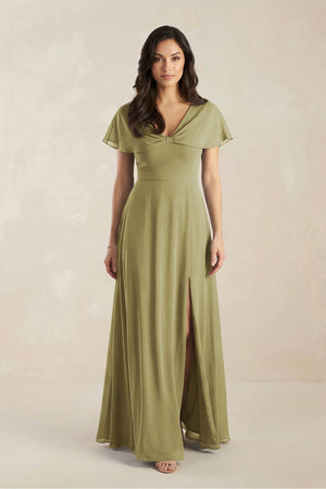 A-Line Short Sleeve Chiffon V-Neck Bridesmaid Dress in Moss Green | KISSBRIDAL
