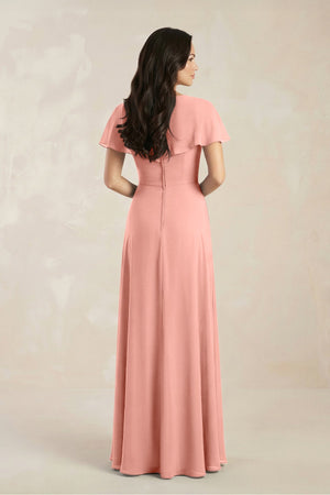 A-Line Short Sleeve Chiffon V-Neck Bridesmaid Dress in Rosette (2) | KISSBRIDAL