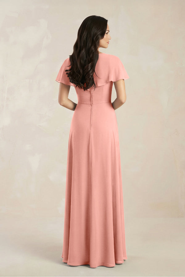 A-Line Short Sleeve Chiffon V-Neck Bridesmaid Dress in Rosette (2) | KISSBRIDAL