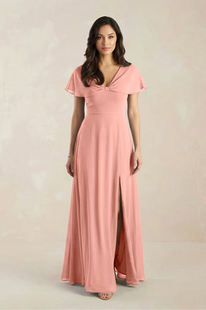 A-Line Short Sleeve Chiffon V-Neck Bridesmaid Dress in Rosette | KISSBRIDAL