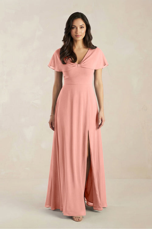 A-Line Short Sleeve Chiffon V-Neck Bridesmaid Dress in Rosette | KISSBRIDAL