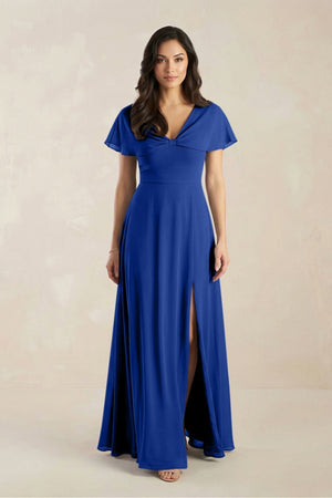A - Line Short Sleeve Chiffon V - Neck Bridesmaid Dress in Royal Blue - KISS BRIDAL Bridesmaid Dresses