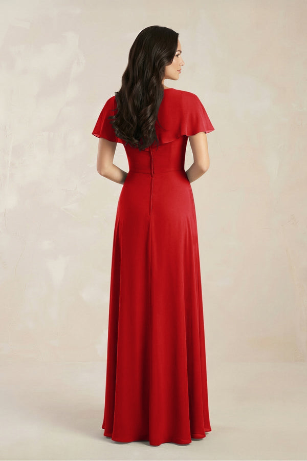 A - Line Short Sleeve Chiffon V - Neck Bridesmaid Dress in Ruby Red - KISS BRIDAL Bridesmaid Dresses