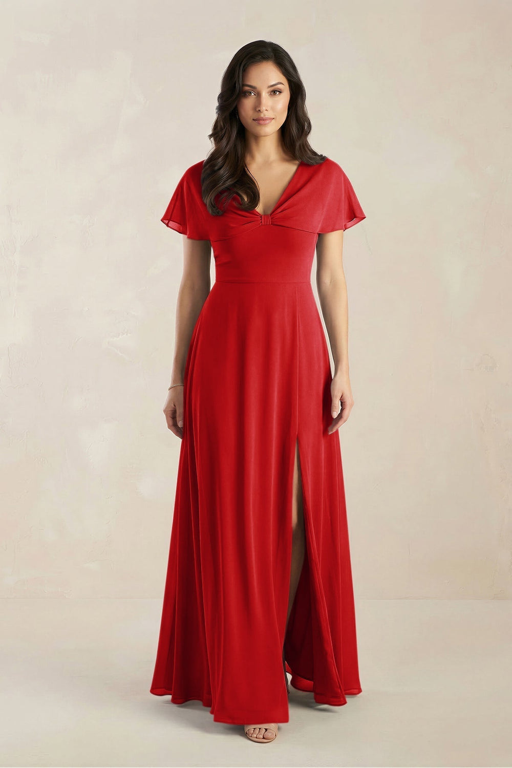 A-Line Short Sleeve Chiffon V-Neck Bridesmaid Dress in Ruby Red
