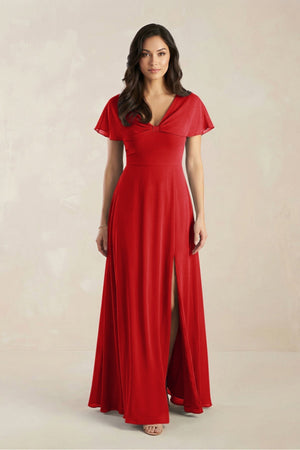 A - Line Short Sleeve Chiffon V - Neck Bridesmaid Dress in Ruby Red - KISS BRIDAL Bridesmaid Dresses