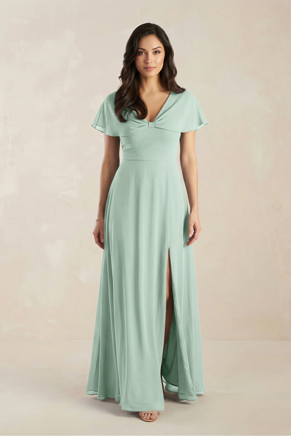 A-Line Short Sleeve Chiffon V-Neck Bridesmaid Dress in Sage