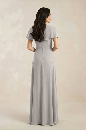 A - Line Short Sleeve Chiffon V - Neck Bridesmaid Dress in Silver - KISS BRIDAL Bridesmaid Dresses