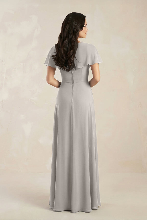 A - Line Short Sleeve Chiffon V - Neck Bridesmaid Dress in Silver - KISS BRIDAL Bridesmaid Dresses