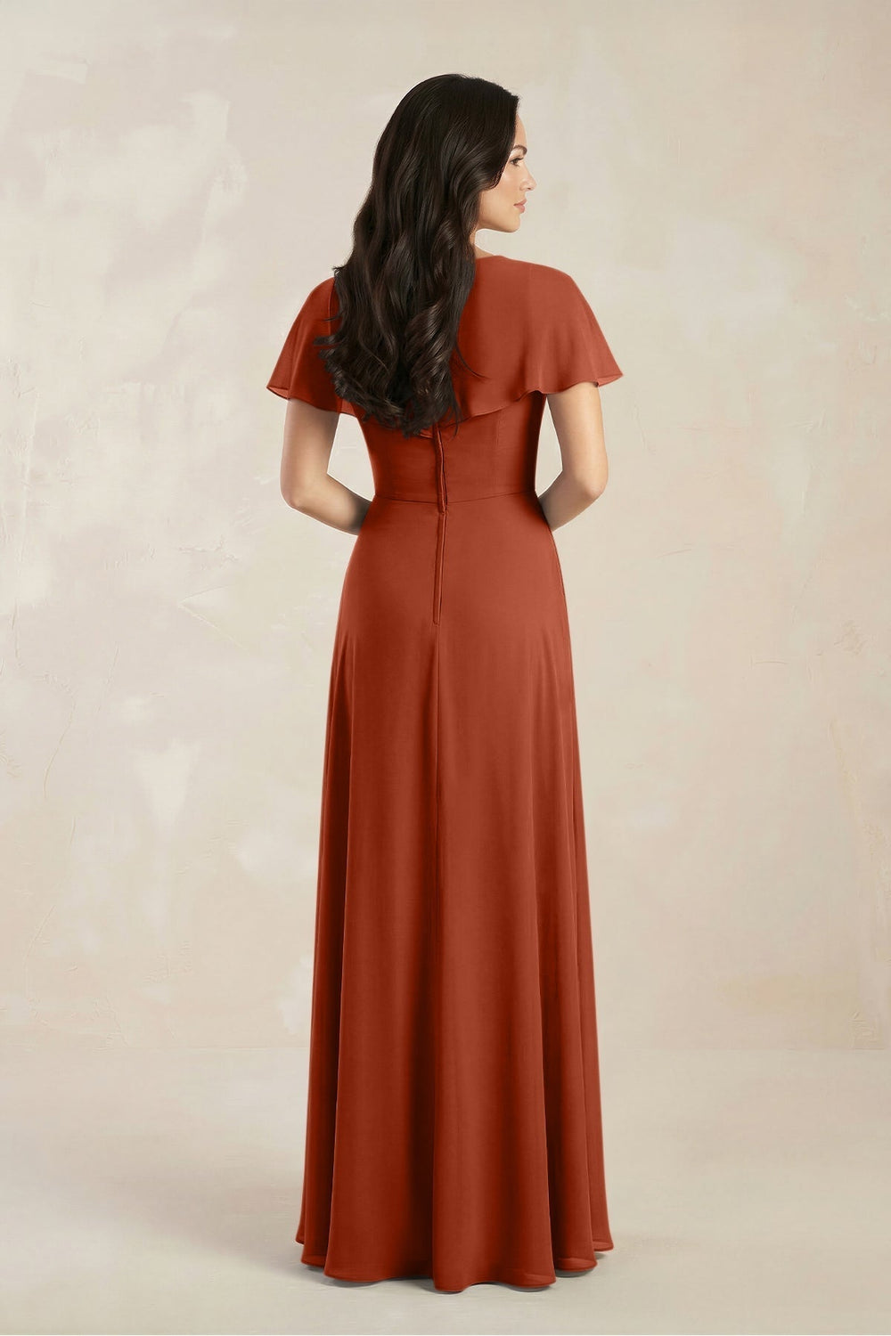 A-Line Short Sleeve Chiffon V-Neck Bridesmaid Dress in Spice