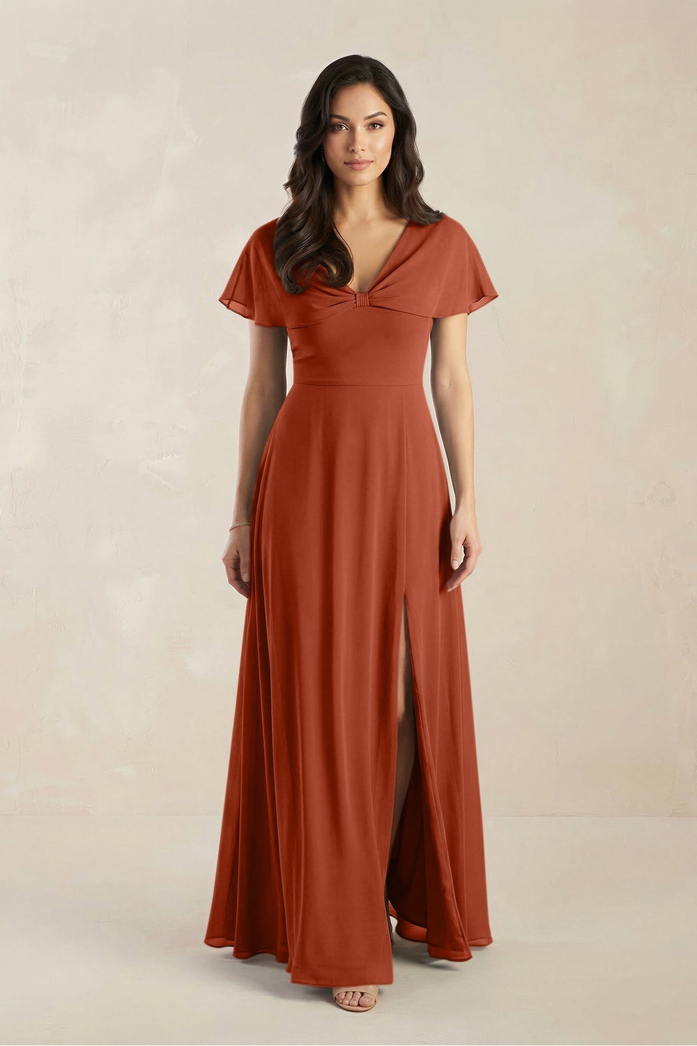 A-Line Short Sleeve Chiffon V-Neck Bridesmaid Dress in Spice