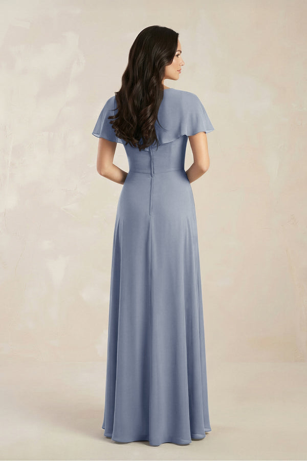 A - Line Short Sleeve Chiffon V - Neck Bridesmaid Dress in Twilight - KISS BRIDAL Bridesmaid Dresses
