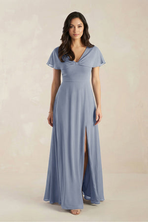 A - Line Short Sleeve Chiffon V - Neck Bridesmaid Dress in Twilight - KISS BRIDAL Bridesmaid Dresses