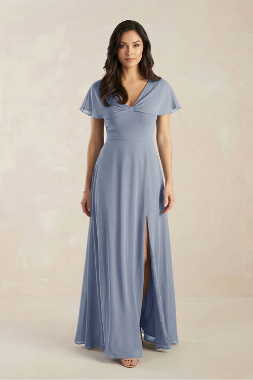 A - Line Short Sleeve Chiffon V - Neck Bridesmaid Dress in Twilight - KISS BRIDAL Bridesmaid Dresses
