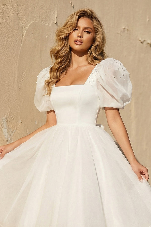 A Line Short Sleeves Organza Wedding Dress - KISS BRIDAL Wedding Dresses