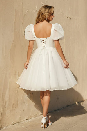 A Line Short Sleeves Organza Wedding Dress - KISS BRIDAL Wedding Dresses