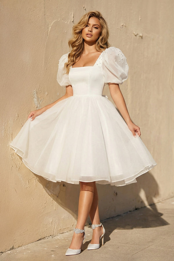 A Line Short Sleeves Organza Wedding Dress - KISS BRIDAL Wedding Dresses
