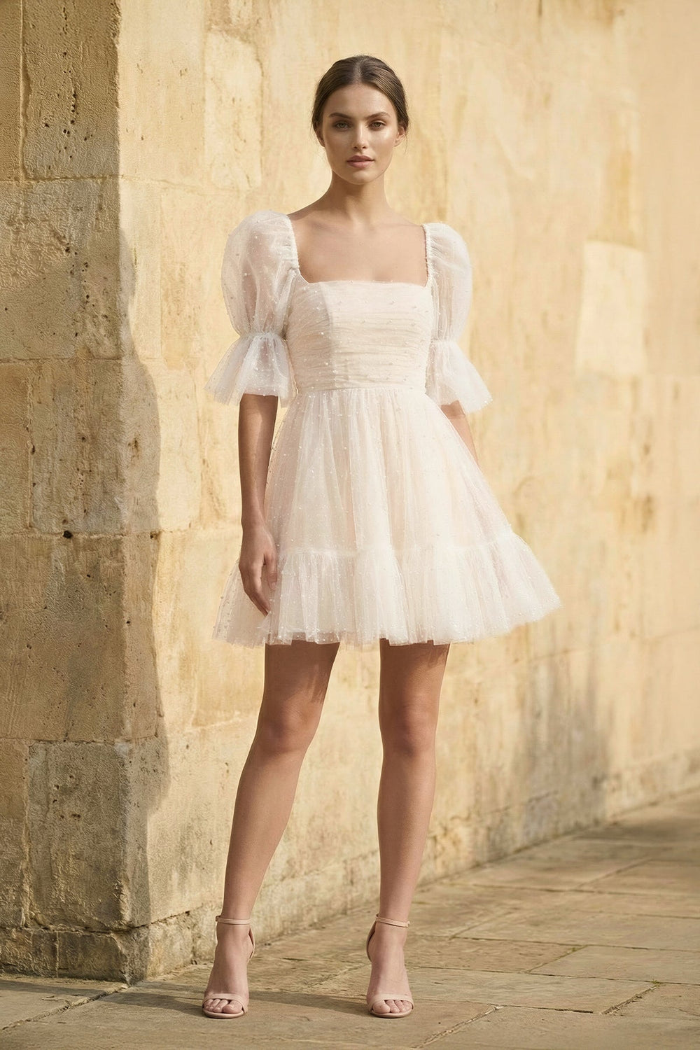 A Line Short Sleeves Tulle Wedding Dress