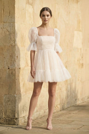 A Line Short Sleeves Tulle Wedding Dress - KISS BRIDAL Wedding Dresses