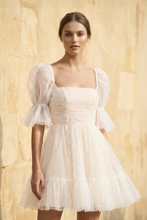 A Line Short Sleeves Tulle Wedding Dress - KISS BRIDAL Wedding Dresses