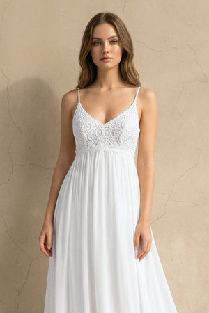 A Line Spaghetti Chiffon Lace Sleeveless Wedding Dress in White - KISS BRIDAL Wedding Dresses